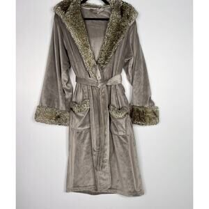 Pottery Barn Gray Caramel Small Faux Fur Robe Plush Tie Waist Hooded Cozy Lounge